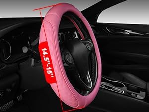 CAR PASS 3D Rhombus Leather Steering Wheel Cover Car Accessories Set, Comfortable Center Console Armrest Cushion with Storage Bags 2 Non-Slip Cup Coasters, 14.5-15in Cute Car Interior Sets, 4 PCS Pink