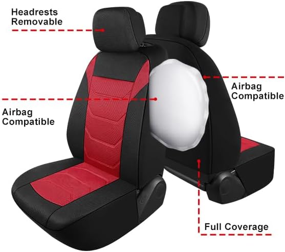 3D Air Mesh Car Seat Cover Front Sets Washable and Breathable Premium Cloth Automotive Vehicle Seat Covers for Cars Interior, Universal Fit for Most Cars, Sedan, Truck, SUV(Black/Red)