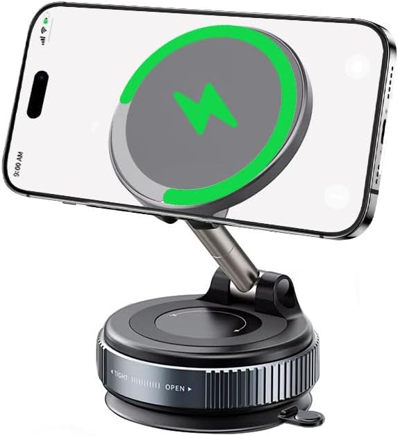 Magnetic Wireless Car Charger Mount with Vacuum Suction – 360° Adjustable & Foldable Dashboard/Windshield Phone Holder – MagSafe Compatible for iPhone & Samsung