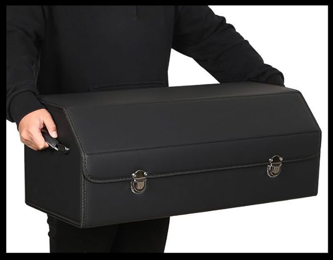 Leather Storage Box Car Trunk Organizer for Trunk SUV Sedan, Leather Foldable Storage Box with Lid (Black 20.9" L*12.2" W*11.8" H)