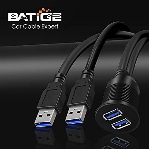 BATIGE 2 Ports Dual USB 3.0 Male to USB 3.0 Female AUX Flush Mount Car Mount Extension Cable for Car Truck Boat Motorcycle Dashboard Panel -6ft