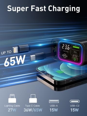 Retractable Car Charger USB C,107W Type C Car Charger Fast Charging with Dual Retractable Cable and USB Ports for iPhone 17/16/15,S25/24/23, Pixel 9/8/7(Build-in USB-C & Lightning Cable)