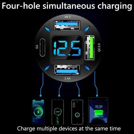 66W 4-Port Car Charger – PD & QC 3.0 Fast Charging Cigarette Lighter Adapter, Dual Type-C + Dual Type-A Ports Compatible with iPhone, Android & Tablets