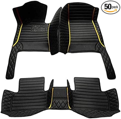 Custom Floor Mats for Cars，Luxury Full Coverage All Weather Car Floor Mats，Leather Car Mat Set ， Floor Mats for 99% of Cars, Trucks & SUVs (Black Double Stitched Edges with Yellow Stripes)