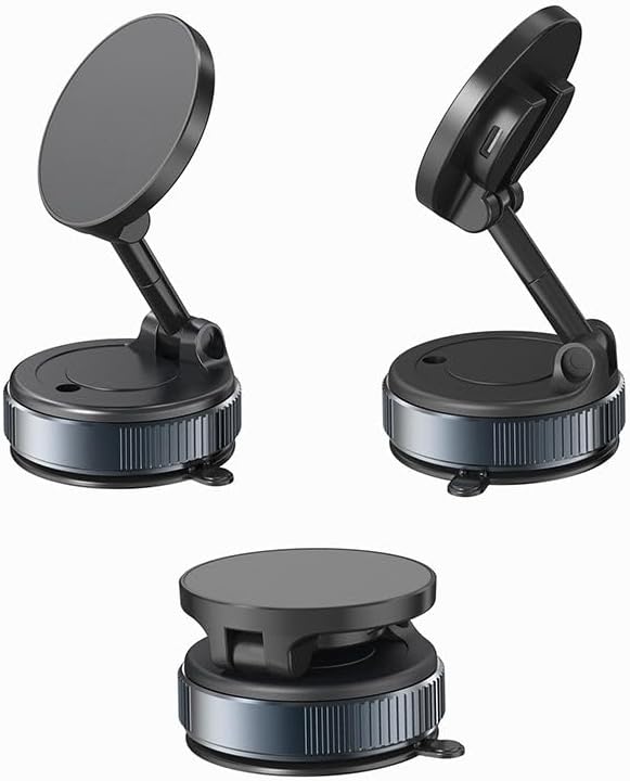 Magnetic Wireless Car Charger Mount with Vacuum Suction – 360° Adjustable & Foldable Dashboard/Windshield Phone Holder – MagSafe Compatible for iPhone & Samsung