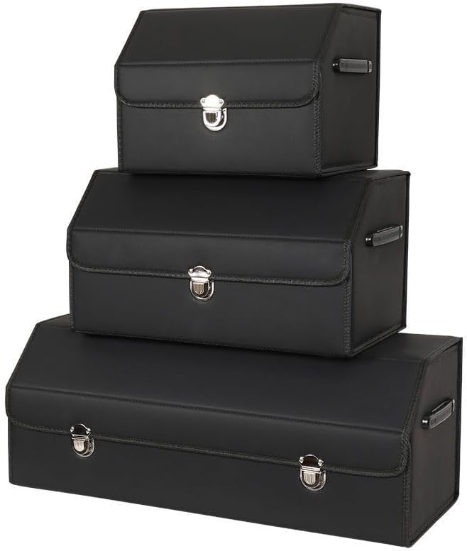 Leather Storage Box Car Trunk Organizer for Trunk SUV Sedan, Leather Foldable Storage Box with Lid (Black 20.9" L*12.2" W*11.8" H)