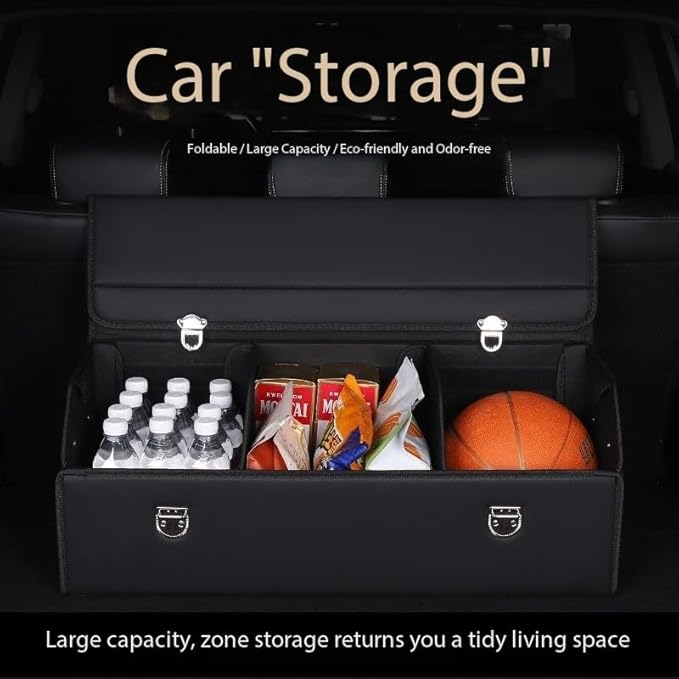 Leather Storage Box Car Trunk Organizer for Trunk SUV Sedan, Leather Foldable Storage Box with Lid (Black 20.9" L*12.2" W*11.8" H)