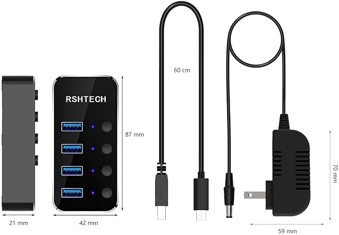 Powered USB hub RSHTECH 4 Port USB C to USB 3.0 Port Hub Expander Aluminum Portable USB 3.0 hub Splitter with 5V AC Adapter and Individual On/Off Switches (RSH-516-C)