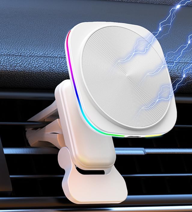 Car Phone Mount – 15W Magnetic Wireless Charger for 12-15 Series, Reliable and Efficient Wireless Charging Phone Holder (White with RGB Light)