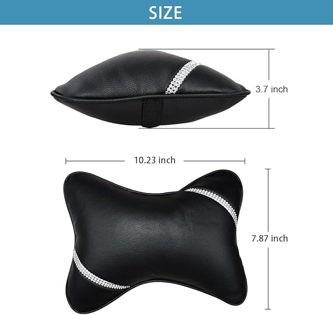 Car Neck Pillows Diamond Seat Auto Headrest Cushion Head Rest Neck 2 Pack Headrest Fit for Most Cars Universal Car Pillow Support Relax Crystal Rhinestone Pu Leather Bling Interior(Black)