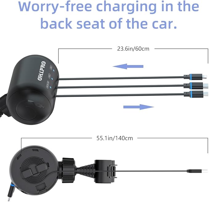 OHLPRO Retractable Backseat Car Charger [2 Pack], 3-in-1 Multi Car Charging Station with USB-C/USB-i/Micro-USB, 15W Fast Charging for iPhone, Samsung, Android, Headrest Mount for Uber Taxi Rideshare