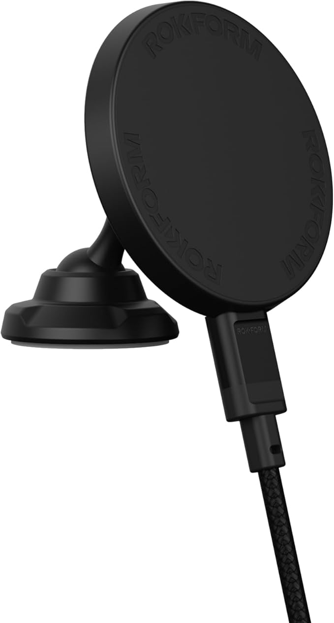ROKFORM Wireless Car Charger, Magnetic Swivel Dash Mount, Compatible with Mag Safe Cases, Adhesive Phone Holder, USB-C to USB-C Cable Included (Black)