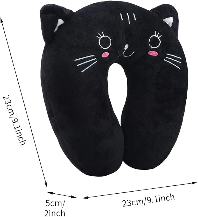 Travel Pillow for Kids, Cute Animal Neck Pillow Support U Shaped Cushion Plush Soft Rest Reading Pillows Sleeping Pillows for Airplane Train Car (Color:Black cat)