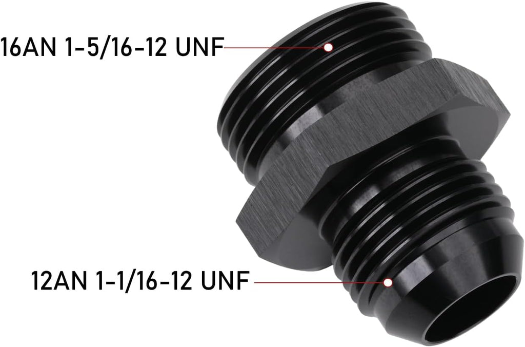12AN Male Flare to 16AN ORB O-ring Boss Fuel Pump Rail Adapter Fitting Aluminum Black