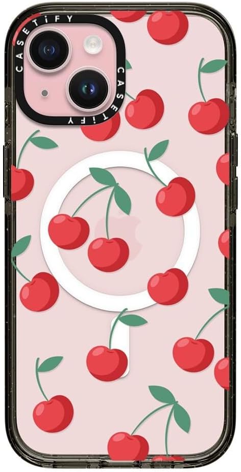 CASETiFY Impact Case for iPhone 15 [8.2ft 4X Military Grade Drop Protection/Compatible with Magsafe] - Cherries - Clear Black