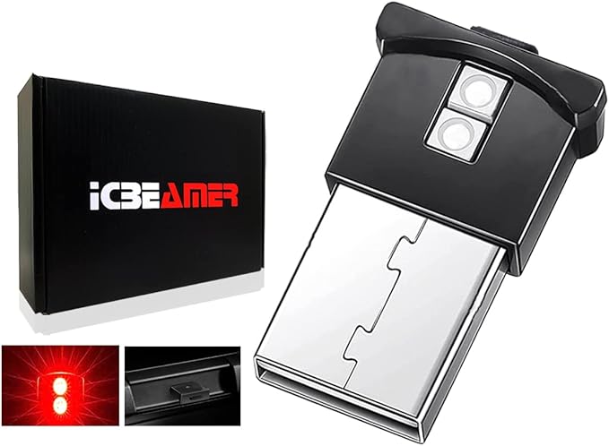 ICBEAMER Mini Smart USB Type-A 2-Pack (Red) | LED Night Light for Car Interior, Trunk, Center Console, Easy Plug-in, Enhance Automotive Ambiance, Ideal for Night Driving