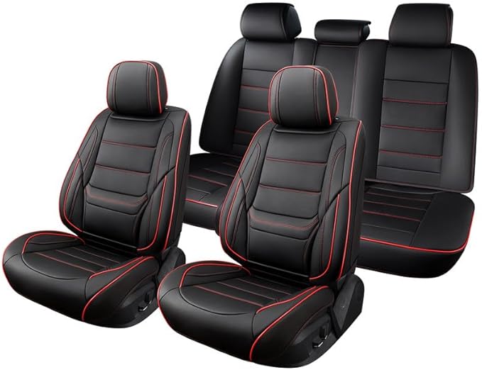 Car Seat Covers Full Set Custom Fit for Mercury Mountaineer 1997-2010-Luxury Leather with Lumbar Support, Breathable, Waterproof, Anti-Slip, Durable, Easy to Install (Black&Red,Full Set)