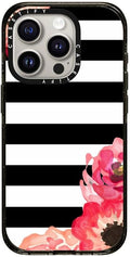 CASETiFY Impact iPhone 15 Pro Case [Slim/Compatible with Magsafe / 8.2 ft. 4X Military Grade Drop Protection] - Striped Florals (Black & White) - Clear Black