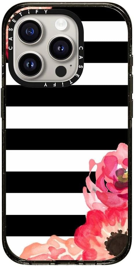 CASETiFY Impact iPhone 15 Pro Case [Slim/Compatible with Magsafe / 8.2 ft. 4X Military Grade Drop Protection] - Striped Florals (Black & White) - Clear Black