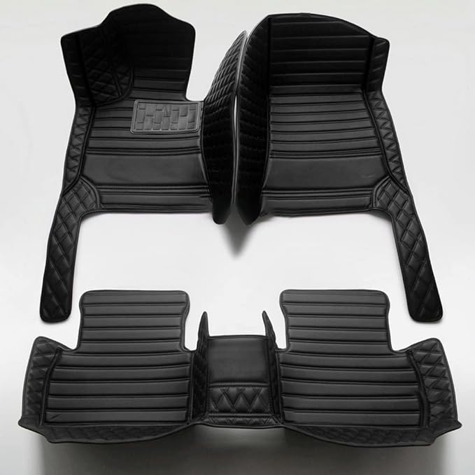 Custom Personalized Floor Mats for Cars - Luxury Full Coverage All Weather Mats, Anti-Slip Leather Mat Set, Fit for 99% of Cars, SUVs & Trucks (All Black, D-Diamond+Strip)