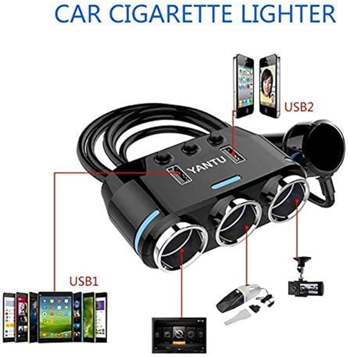 Car Cigarette Lighter Splitter, 3 Socket Dual USB Cigarette Lighter Adapter Multi-Functions 120W 3.1A DC 12V/24V for iPhone iPad Samsung GPS Dashcam