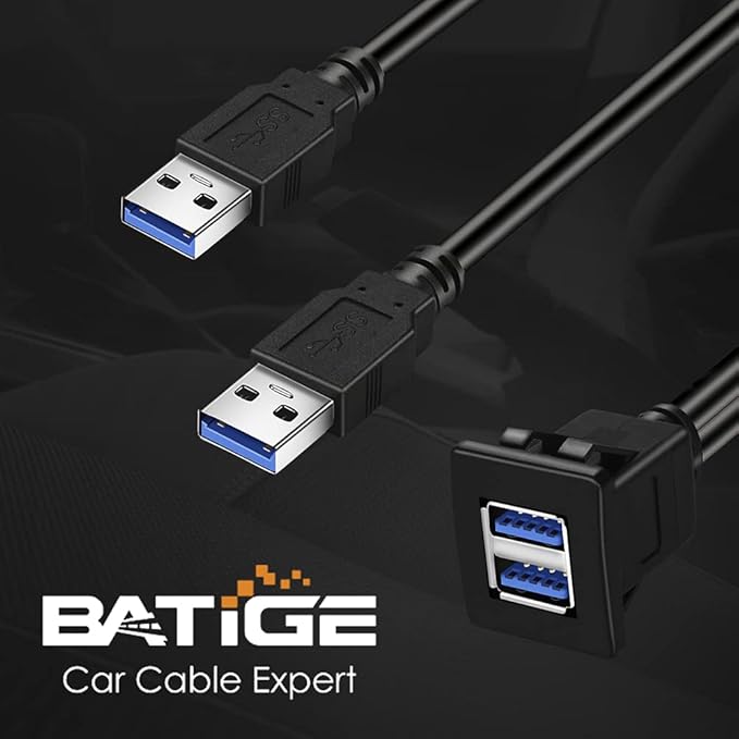 BATIGE Dual Ports Square USB 3.0 Panel Flush Mount Extension Cable with Buckle for Car Truck Boat Motorcycle Dashboard 1ft