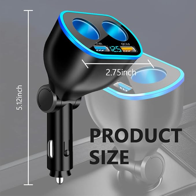 2026 New Upgrade 4 Port Cigarette Lighter Splitter,2.4A&QC3.0 Super Fast Car Charger with Dual Cigarette Lighter Plug with LED Voltmeter Compatible with Mobile Cell Phone Dash Cam GPS (QC+2.4A)