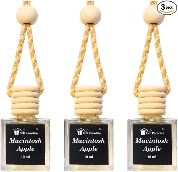 Macintosh Apple Car Air Freshener Set of 3 in Velvet gift bag – Premium Wooden Hanging Diffusers – Crisp Red Apple Scent for Car, Closet & Office,