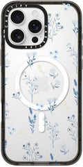 CASETiFY Impact Case for iPhone 16 Pro Max [Slim / 8.2 ft. 4X Military Grade Drop Protection/Compatible with Magsafe] - Small Blue Flowers - Clear Black