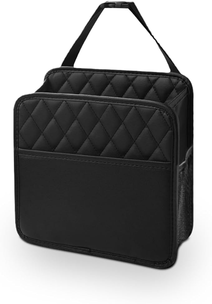 LAINLOY Classic Car Backseat Organizer, Black, 8L Capacity, Foldable, Hanging Mount, PU Leather, Unisex, 1 Count