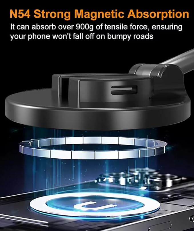 Magnetic Wireless Car Charger Mount with Vacuum Suction – 360° Adjustable & Foldable Dashboard/Windshield Phone Holder – MagSafe Compatible for iPhone & Samsung