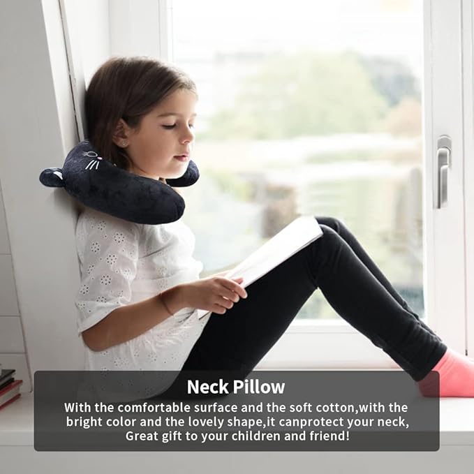 Travel Pillow for Kids, Cute Animal Neck Pillow Support U Shaped Cushion Plush Soft Rest Reading Pillows Sleeping Pillows for Airplane Train Car (Color:Black cat)