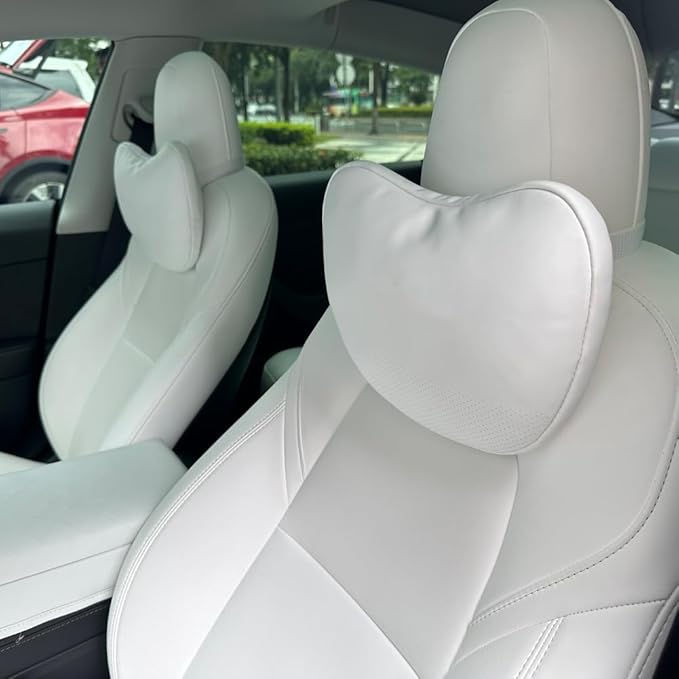 TESBEAUTY Nappa Leather Seat Headrest Pillow 2 Packs for Tesla Neck Pillow Uniquely Designed For Tesla Model X/SY/3 Higher Version Fits Taller Than 5'7", Genuine Nappa Leather Visible Strap White