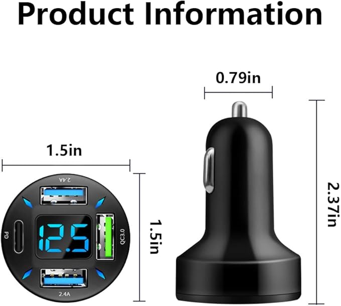 2Pcs 4 Ports USB Car Charger USB Adapter with Voltmeter,Type C Port PD 3.1/QC 3.0 Super Fast Charging Car Cigarette Lighter Plug for iPhone 14 13 12,S22 S21 S20,iPad Pro& More Mobil Phone (2Pcs-Black)