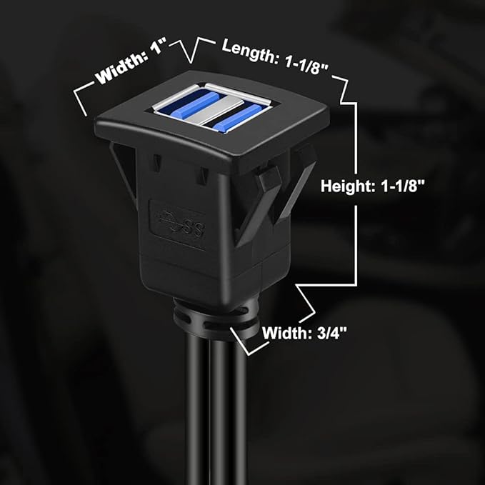 BATIGE Dual Ports Square USB 3.0 Panel Flush Mount Extension Cable with Buckle for Car Truck Boat Motorcycle Dashboard 1ft