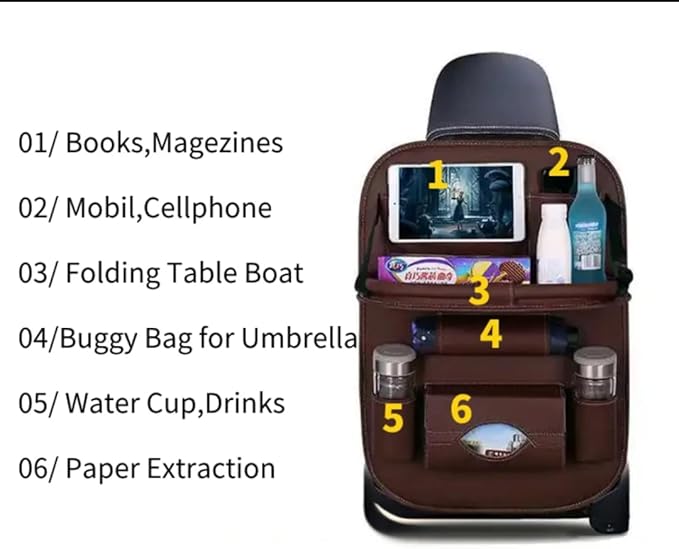 Luxury PU Leather Car Backseat Organizer with Foldable Table – Multi-Functional Car Seat Storage. Waterproof Travel Back Seat Organizer with Cup Holders, Tissue Box & Tablet Pocket (Beige)