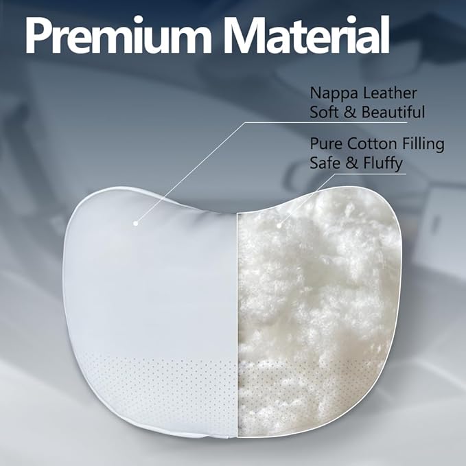 TESBEAUTY Nappa Leather Seat Headrest Pillow 2 Packs for Tesla Neck Pillow Uniquely Designed For Tesla Model X/SY/3 Higher Version Fits Taller Than 5'7", Genuine Nappa Leather Visible Strap White