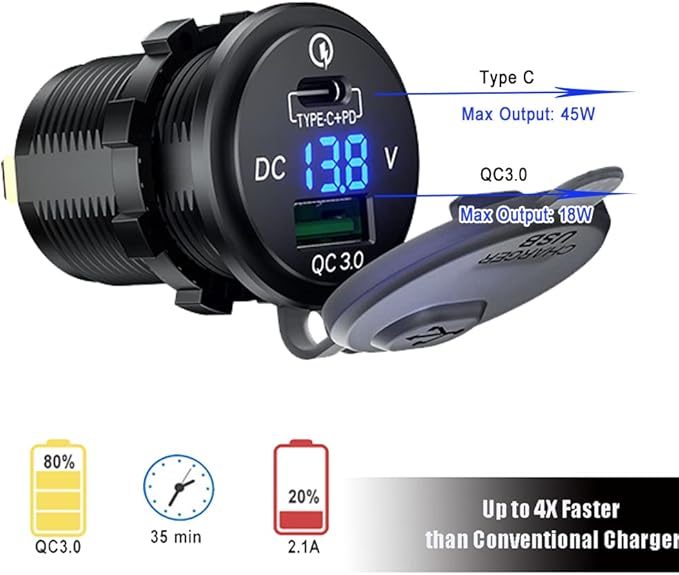 GemCoo 63W USB C Car Charger Socket, 45W PD Outlet 18W QC3.0 Charger 12V USB Cigarette Lighter Socket with LED Voltmeter for Car RV Boat Marine Truck Motorcycle
