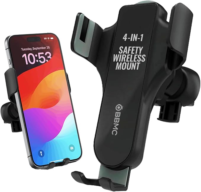 BlackboxMyCar 4-in-1 Safety Wireless Mount, Wireless Car Charger, Fast Car Phone Holder Charger, Easy Install with Air Vent Clamp, Built-in Safety Hammer and Seatbelt Cutter, iPhone Compatible