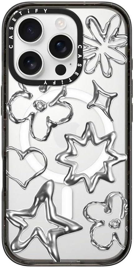 CASETiFY Impact Case for iPhone 16 Pro [Slim / 8.2 ft. 4X Military Grade Drop Protection/Compatible with Magsafe] - Chrome Doodles - Clear Black