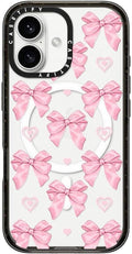 CASETiFY Impact Case for iPhone 16 [Slim / 8.2 ft. 4X Military Grade Drop Protection/Compatible with Magsafe] - Pink Bows - Clear Black