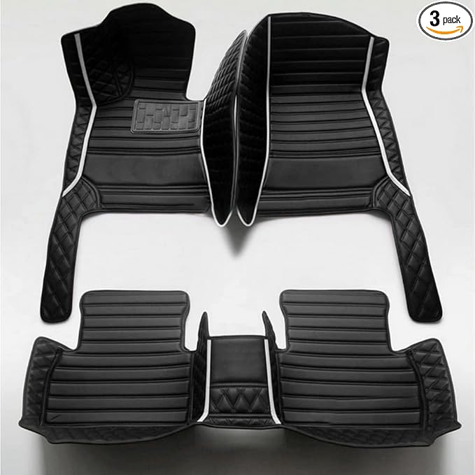 KaiLaiCarCustom Automotive Car Floor Mats for 99.99% Sedan SUV Sports Car Men Women Protection Full Coverage Pads Anti-Slip Leather Floor Lining (Black + White bar, E- Diamond + Strip +Color Bars)
