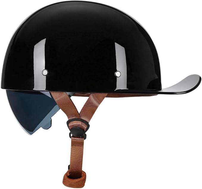 Vintage Retro Open Face Motorcycle Helmet Baseball Cap Half Helmets with pull-down Lens for Men Women Moped Cap Jet Scooter Street Cruiser - DOT Certified (Gloss Black,Large)