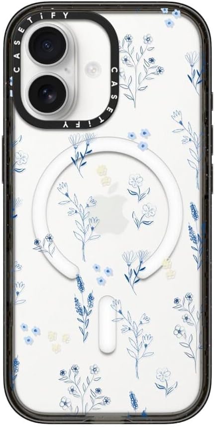 CASETiFY Impact iPhone 17 Case [Slim/Compatible with Magsafe / 8.2 ft. 4X Military Grade Drop Protection] - Small Blue Flowers - Clear Black