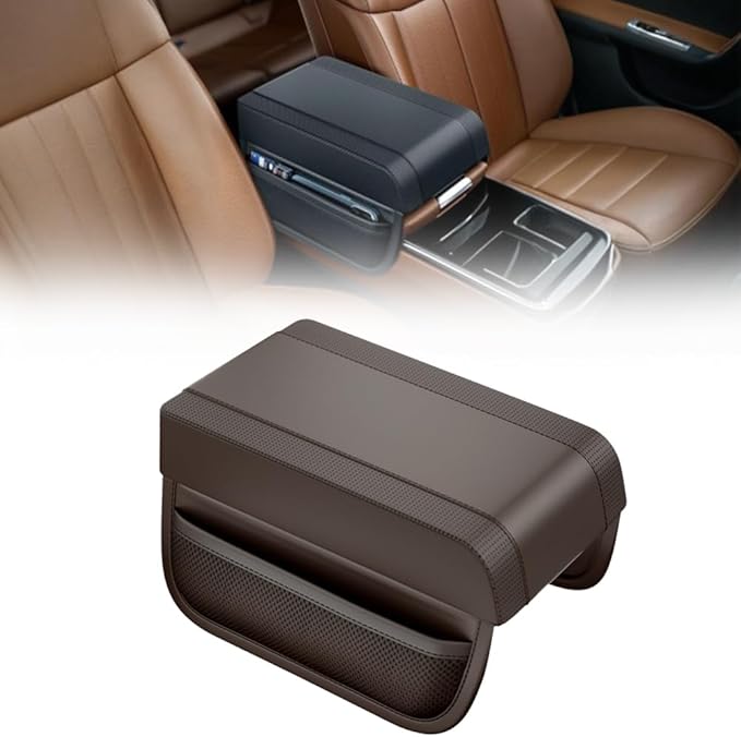 Universal Car Armrest Booster Cushion, 2024 New Memory Cotton Car Armrest Box Pad Auto Center Console Pad, Upgrade Waterproof Car Center Console Cover Pad Elbow Rest Box Covers (Brown)