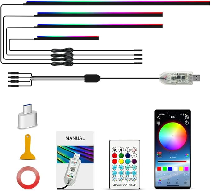 Ambient Lighting Car Led Lights Interior with APP, USB Powered Acrylic Neon Flexible Strip Fiber Optic LED Ambient Lighting kit,4 in 1 Car Center Console Dashboard RGB Sound Active Music Lights Sync