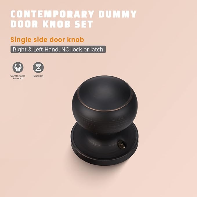 KNOBWELL 6 Pack Bronze Dummy Door Knob, Single Sided Handle for Closets, French Double Doors, and Pantry, Oil Rubbed Bronze One Side Non-Turning Interior Push/Pull Door Knob