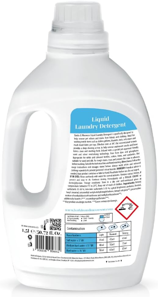 Barkin & Meowson Odor Neutralizing Liquid Laundry Detergent 1.5 Litre / 50.72 fl.oz. - Concentrated Formula for Pets and Human Textiles