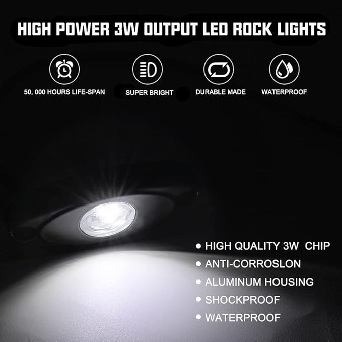 SUNPIE 8 Pods White Rock Lights – Quick Connect, 3 High Power Chips, 4M Extension Wires, Mounting Pads Included, 6000K Pure White, IP67 Waterproof, Fits Trucks, SUV, ATV, UTV, Trailer