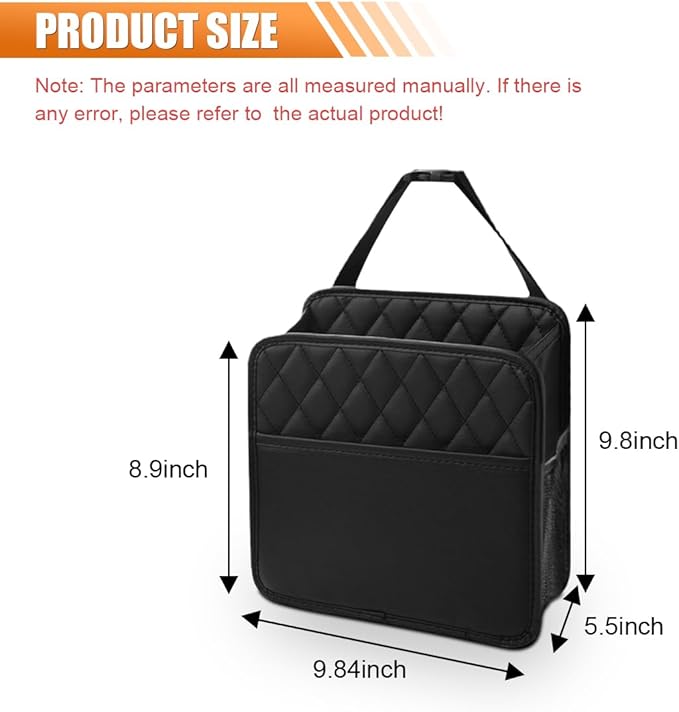 LAINLOY Classic Car Backseat Organizer, Black, 8L Capacity, Foldable, Hanging Mount, PU Leather, Unisex, 1 Count
